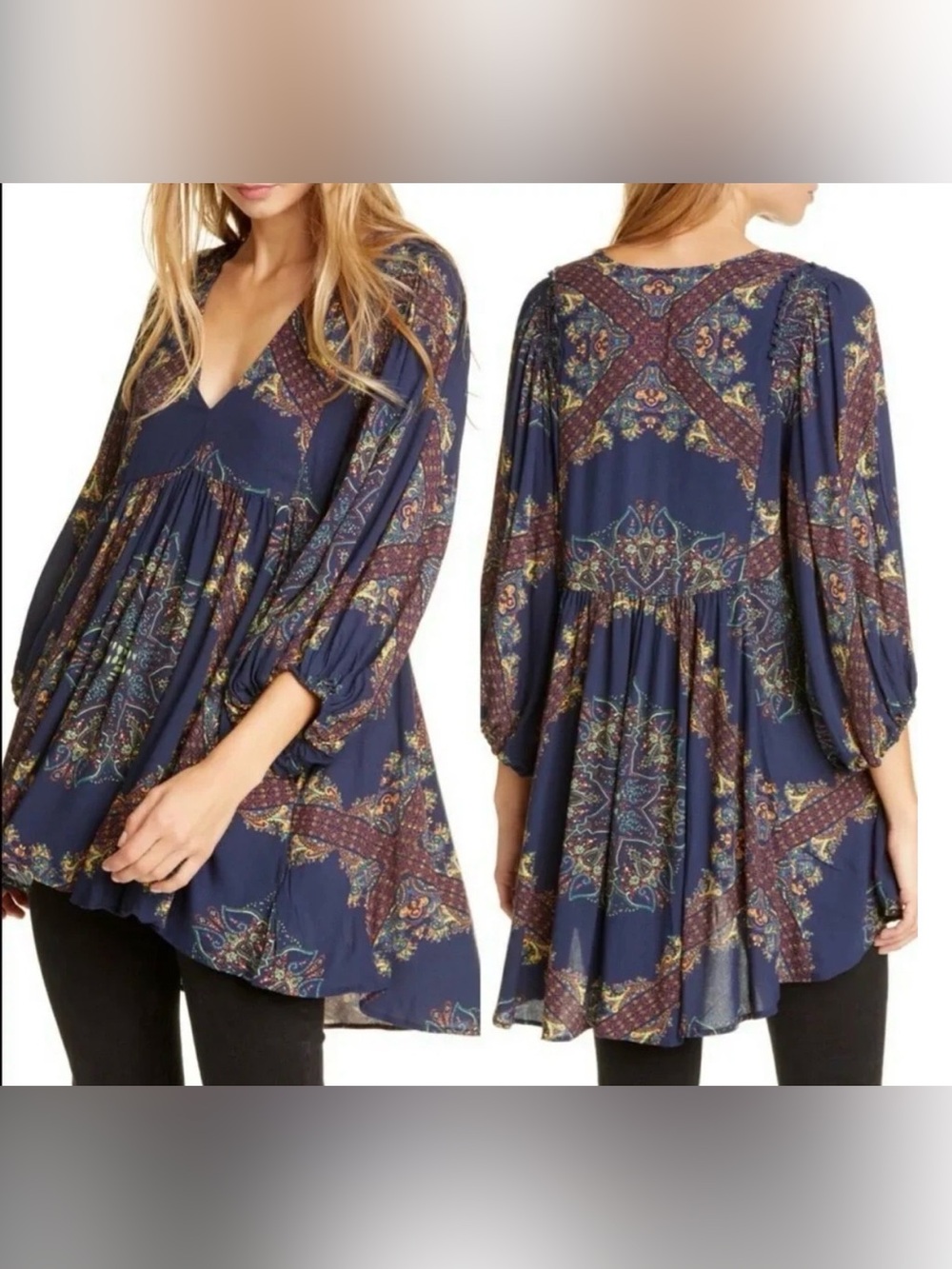 Free People "Girl Talk" Boho Navy Paisley V-Neck Peasant Top